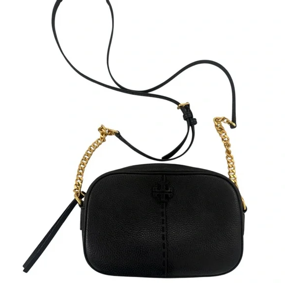 Tory Burch McGraw Camera Bag Black Pebbled Leather with Gold and Leather Chain